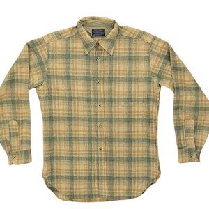 VTG Pendleton 100% Virgin Wool Sage Green Plaid Button Front Western Shirt Sz M